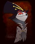 2025 4_eyes anthro atimon avian beak chest_tuft clothing demon feathers headgear headshot_portrait headwear helluva_boss hi_res male mouth_closed multi_eye portrait red_eyes signature smile smirk solo stolas_(helluva_boss) tuft