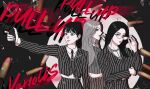  3girls album_name blunt_bangs bullet collared_shirt eunha_(gfriend) gfriend glasses gun hashtag-only_commentary holding holding_gun holding_weapon k-pop long_hair looking_back multiple_girls pink_lips ponytail real_life shirt sinb_(gfriend) song_name spotlight suit umji_(gfriend) upper_body vertical-striped_suit viviz weapon yuringi 