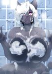2024 against_surface anthro bathing bathroom_tiles big_breasts breasts breasts_on_glass convenient_censorship dark_body dark_fur domestic_cat ears_up eyebrow_through_hair eyebrows eyeshadow felid feline felis female frown fur hair hands_on_glass hi_res huge_breasts inu-sama long_hair looking_at_viewer makeup mammal nemo_(simplifypm) nude on_glass purple_eyes purple_eyeshadow purple_nose showering signature soap_bubbles soapy_breasts solo translucent translucent_hair water_on_glass wet wet_body wet_hair white_hair wide_hips yellow_sclera