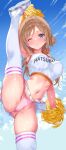  1girl ;) absurdres breasts brown_hair cheerleader clothes_writing commentary_request commission cowboy_shot crop_top facing_viewer gakuen_idolmaster highres himesaki_rinami holding holding_pom_poms idolmaster iwato_(celler) large_breasts long_hair midriff miniskirt navel one_eye_closed panties pantyshot pink_panties pixiv_commission pom_pom_(cheerleading) purple_eyes shoes skirt sleeveless smile solo split standing standing_on_one_leg standing_split stomach thighhighs underwear white_shoes white_skirt white_thighhighs 