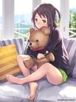  banned_artist bare_legs barefoot blush brown_eyes brown_hair candy couch crossed_legs doll_hug feet food hug ilog indian_style kuki_hitomi light_smile lollipop long_hair looking_at_viewer mana_kakkowarai md5_mismatch official_art one_side_up pillow shorts sitting smile soles solo stuffed_animal stuffed_toy sweater teddy_bear watermark web_address yellow_eyes 
