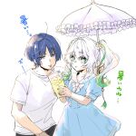  1boy 1girl ahoge alternate_costume black_hair blue_dress blue_sleeves blue_trim blunt_ends bow bowtie bright_pupils casual choppy_bangs collarbone contemporary cross-shaped_pupils cup daisy_(flower) disposable_cup dress drinking_straw flower frilled_umbrella frills genshin_impact green_eyes green_hair hair_flower hair_ornament half_crown_braid highres holding holding_cup holding_umbrella ice ice_cube juice large_bow long_hair looking_at_another multicolored_hair nahida_(genshin_impact) open_mouth parted_bangs pointy_ears puffy_sleeves purple_eyes sailor_collar scaramouche_(genshin_impact) sharing_food shimizumikann shirt short_sleeves side_ponytail sidelocks streaked_hair sweat sweatdrop symbol-shaped_pupils umbrella white_background white_bow white_bowtie white_flower white_hair white_pupils white_sailor_collar white_shirt white_sleeves white_umbrella 