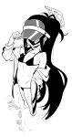  1girl asahina_yoshitoshi bare_shoulders bikini blue_archive blush breasts closed_mouth greyscale highres jacket kei_(blue_archive) long_hair monochrome navel off_shoulder open_clothes open_jacket small_breasts solo standing swimsuit very_long_hair visor_cap wading wet 