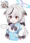  1girl absurdres angel&#039;s_24_uniform_(blue_archive) animal_ears apron black_hair blue_apron blue_archive blue_halo bow bowtie brown_eyes grey_hair halo highres kokona_(blue_archive) long_hair low_twintails multicolored_hair polo_shirt short_sleeves store_clerk streaked_hair striped_bow striped_bowtie striped_clothes tiger_ears tiger_girl twintails vector_(dmlddmld00) very_long_hair 