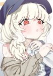  1girl absurdres aoba_(blue_archive) beret blue_archive blush bow_camisole breath camisole fluffy_hair halo hanakonenne hands_on_another&#039;s_neck hat highres long_hair long_sleeves neck newsboy_cap orange_halo parted_lips red_eyes sweat upper_body white_camisole yellow_halo 