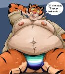 anthro arm_tuft belly_tuft black_text blue_eyes bodily_fluids bulge butt clothed clothing deep_navel dialogue elbow_tuft ellipsis eyewear facial_tuft felid feline fur glasses golden_glasses hand_behind_head hi_res jockstrap lgbt_pride lgbt_pride_month longleynus looking_at_viewer love_handles male mammal markings moobs multicolored_body multicolored_fur navel nipples open_mouth overweight overweight_anthro overweight_male pantherine pantsless pantsless_anthro pink_nose pride_color_clothing pride_color_flag pride_color_jockstrap pride_colors shirt solo speech_bubble striped_body striped_fur striped_markings stripes sweat talking_to_viewer tan_clothing tan_shirt tan_topwear text thick_thighs tiger topwear tuft unbuttoned_shirt underwear vincian_pride_colors whiskers yellow_eyewear yellow_glasses yellow_sclera