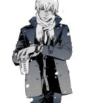  1boy amuro_tooru bad_id bad_pixiv_id cowboy_shot crossed_bangs cup disposable_coffee_cup disposable_cup greyscale hair_between_eyes highres holding holding_cup jacket long_sleeves looking_at_viewer male_focus meitantei_conan monochrome mrc-k notice_lines open_clothes open_jacket pants parted_lips scarf short_hair simple_background snowing solo watch white_background wristwatch 