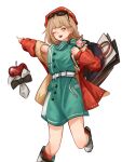  1girl ;d absurdres apple apple_(reverse:1999) aqua_dress backpack bag belt black_bow black_bowtie boots bow bowtie brown_hair dress food foot_out_of_frame fruit hand_up hat highres holding_strap jacket kooi_koyume leg_up one_eye_closed open_bag orange_eyes pointing pointing_to_the_side record_jacket red_hat red_jacket red_socks regulus_(reverse:1999) reverse:1999 short_dress sleeveless sleeveless_dress smile socks solo traditional_bowtie white_background white_belt white_boots 