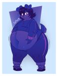 2025 anthro artist_name belly belly_expansion belly_grab big_belly blue_body blue_fur blue_hair blueberry_inflation blush bodily_fluids body_inflation border butt canid canine canis clenched_teeth clothed clothing domestic_dog expansion exposed_belly flying_sweatdrops freckled_face freckles fur hair hand_on_belly hi_res inflation knock-kneed male mammal moobs motion_lines navel overweight overweight_anthro overweight_male solo standing sweat sweatdrop synthosad teeth text thick_thighs white_border wide_hips worried