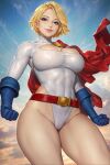  1girl belt blonde_hair blue_gloves breasts cameltoe cape cleavage_cutout clenched_hands clothing_cutout commentary covered_navel dc_comics english_commentary gloves highleg highleg_leotard highres huge_breasts leotard neoartcore paid_reward_available power_girl red_belt red_cape short_hair sleeved_leotard solo superhero_costume superman_(series) thighs tight_clothes toned toned_female white_leotard 