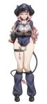  1girl absurdres animal_ears aqua_eyes bag barcode belt bikini bikini_under_clothes black_bag black_belt black_bikini black_choker black_horns black_sailor_collar black_shoes black_tail blue_hat blue_leg_warmers blue_serafuku blush breasts cellphone charm_(object) choker collarbone commentary cow_ears cow_girl cow_horns cow_tail crop_top fang full_body gradient_tail groin hat heart-shaped_charm heart_collar heart_ornament highres holding holding_phone horns huge_breasts knees leg_warmers long_hair long_sleeves looking_at_viewer mole mole_on_thigh neckerchief no_panties open_mouth original phone pink_hair pink_tail police_hat sailor_collar school_uniform see-through_clothes see-through_shirt serafuku shirt shoes shoulder_bag simple_background skin_fang skindentation smartphone solo sweatdrop swimsuit tail thigh_belt thigh_strap thighs tongue v_arms veksoo wavy_hair white_background white_neckerchief 