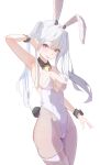  1girl absurdres animal_ears arm_up armpits artist_request bare_arms bare_shoulders bell breasts check_artist cleavage commentary_request commission covered_navel cowboy_shot detached_collar fake_animal_ears fake_tail hairband heterochromia highleg highleg_leotard highres jingle_bell korean_commentary leotard long_hair looking_at_viewer medium_breasts nekojira open_mouth original playboy_bunny purple_eyes rabbit_ears rabbit_tail red_eyes second-party_source simple_background smile solo strapless strapless_leotard tail thigh_strap thighs twintails white_background white_hair white_leotard wrist_cuffs 
