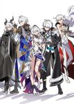  2boys 3girls ahoge bare_legs black_cloak black_horns black_jacket black_pants blue_eyes breasts cloak color_connection commentary company_connection dress english_commentary finger_gun genshin_impact grape_(grapedraws) hair_color_connection heterochromia hino_satoshi honkai:_star_rail honkai_(series) honkai_impact_3rd horns jacket kevin_kaslana kiana_kaslana kiana_kaslana_(herrscher_of_finality) kugimiya_rie long_hair medium_breasts mihoyo multiple_boys multiple_girls one_eye_closed pants phainon_(honkai:_star_rail) qin_qiege revision shirt short_hair smile sunbringer_(zenless_zone_zero) tao_dian unknown_god_(genshin_impact) voice_actor_connection white_background white_dress white_hair white_pants white_shirt yellow_eyes zenless_zone_zero 