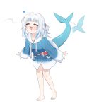  1girl absurdres animal_costume barefoot blue_hoodie blue_streaks blunt_bangs closed_eyes drooling fang fins fish_tail gawr_gura gawr_gura_(1st_costume) hair_ornament heart highres hololive hololive_english hood hoodie leaning_forward long_hair mouth_drool multicolored_hair open_mouth shark_costume shark_girl shark_hair_ornament shark_print shark_tail sidelocks smell smelling solo streaked_hair tail tail_wagging two_side_up ugaaaa1 virtual_youtuber white_background white_hair 