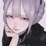  1girl aegyo_sal black_eyes black_jacket braid center-flap_bangs close-up crown_braid double-parted_bangs earrings eyelashes grey_background grey_hair hand_on_own_chin head_rest highres hood hood_down jacket jewelry lipstick looking_at_viewer makeup mano_aaa mole mole_above_mouth multiple_rings necklace original pink_lips portrait ring solo 
