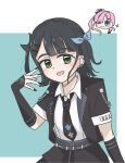  2girls :d ;) anyoji_hime aqua_background black_hair black_jacket black_necktie black_skirt blonde_hair blue_eyes blush chibi chibi_inset closed_mouth collared_shirt commentary earrings flipped_hair gradient_hair green_eyes hair_bun hair_ornament highres i_do_me!_(love_live!) jacket jewelry link!_like!_love_live! looking_at_viewer love_live! mihasu_ll mismatched_earrings momose_ginko multicolored_hair multiple_girls necktie official_alternate_costume one_eye_closed open_clothes open_jacket open_mouth pink_hair shirt short-sleeved_jacket short_sleeves side_ponytail single_side_bun skirt smile solo_focus split_mouth symbol-only_commentary two_side_up virtual_youtuber white_shirt x_hair_ornament 