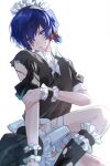  1boy apron arm_at_side black_dress black_thighhighs black_wrist_cuffs blue_eyes blush crossdressing crossdressing_(mtf) dress eyes_visible_through_hair facing_to_the_side flat_chest flustered frilled_dress frilled_sleeves frills hand_on_own_arm highres holster injury knee_up looking_to_the_side maid maid_apron maid_headdress male_focus official_alternate_costume partially_unbuttoned persona persona_3 ribbon scar sweatdrop thigh_holster thighhighs torn_clothes torn_dress torn_socks tsukitaka turning_head twintails white_background white_ribbon wrist_cuffs yuuki_makoto_(persona_3) 