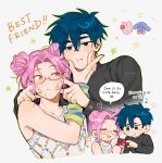  1boy 1girl alien_stage animalization arm_warmers beads black_eyes black_hair black_shirt cheek_squash closed_eyes commentary double_bun english_text fang fang_out frown glasses hair_bun hashtag-only_commentary highres ivan_(alien_stage) joikzo long_sleeves mizi_(alien_stage) person_and_animalization pink_hair rabbit red-framed_eyewear red_pupils shirt short_hair smile star_(symbol) sweater_vest very_short_hair white_sweater_vest yellow_eyes 