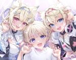  3girls absurdres animal_ear_fluff animal_ears blonde_hair blue_eyes blue_hair blush breasts choker dog_ears dog_girl fuwawa_abyssgard fuwawa_abyssgard_(1st_costume) hair_ornament highres hololive hololive_dev_is hololive_english large_breasts long_hair looking_at_viewer mococo_abyssgard mococo_abyssgard_(1st_costume) multicolored_hair multiple_girls open_mouth piita pink_eyes pink_hair purple_eyes purple_hair shirt short_hair siblings sisters streaked_hair todoroki_hajime twins two_side_up virtual_youtuber white_shirt x_hair_ornament 