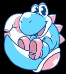 2025 ambiguous_gender anaugi anthro back_spines black_background blue_body blue_scales blue_yoshi boots clothing cracked_egg egg footwear hi_res lgbt_pride mario_bros nintendo open_mouth open_smile pride_colors scales shell shoes simple_background smile solo spines transgender_pride_colors yoshi
