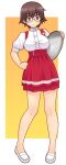  1girl anna_miller border breasts brown_eyes brown_hair character_request copyright_request glasses hand_on_own_hip heart_pin holding holding_tray looking_at_viewer orange_background red_skirt shoes short_hair skirt smile solo standing tray uona_telepin waitress white_border white_shoes 