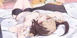  2girls :d absurdres bed_sheet bike_shorts black_shorts blonde_hair breasts brown_hair camisole cecilia_immergreen commentary gigi_murin grem_(gigi_murin) highres hip_vent holding_hands hololive hololive_english indoors jknor knee_up looking_at_viewer lying multicolored_hair multiple_girls navel on_back open_mouth otomo_(cecilia_immergreen) pink_eyes pov pov_hands short_hair short_shorts short_twintails shorts small_breasts smile solo_focus tail thigh_gap twintails two-tone_hair upside-down virtual_youtuber white_camisole 