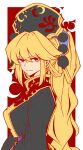  1girl absurdres belt black_dress black_hat blonde_hair border breasts chinese_clothes closed_mouth commentary_request crescent crescent_print dalachi_(headdress) dress from_side hair_between_eyes hat high_ponytail highres junko_(touhou) kikoka_(mizuumi) large_breasts long_hair long_sleeves looking_at_viewer mandarin_collar outside_border phoenix_print pom_pom_(clothes) ponytail purple_belt red_background red_eyes red_tabard sidelocks simple_background solo standing tabard tassel touhou v-shaped_eyebrows wavy_hair white_border wide_sleeves 