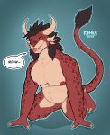 4_ears 4_horns anthro charr feher felid feline guild_wars hi_res horn kneeling male mammal multi_ear multi_horn nipples on_ground solo tail taised_tail text_box tongue tongue_out