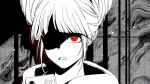 1girl b1ue_e4rth blunt_bangs cellphone commentary cone_hair_bun double_bun frown glaring greyscale hair_bun hashtag-only_commentary highres jasmine_(toshi_densetsu_kaitai_center) looking_at_viewer monochrome partially_shaded_face phone red_eyes short_hair smartphone solo spot_color toshi_densetsu_kaitai_center upper_body 