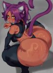 animal_humanoid armwear big_breasts big_butt bleach_(series) blush bodily_fluids breasts breath brown_body brown_skin butt cat_humanoid clenched_teeth clothing crouching digital_media_(artwork) elbow_gloves fangs felid felid_humanoid feline feline_humanoid female fur gloves hair handwear hi_res huge_butt humanoid legwear looking_at_viewer looking_back mammal mammal_humanoid nails pupils purple_body purple_fur purple_hair rear_view sharp_nails slit_pupils solo sweat sweaty_butt taigerarts teeth thick_thighs thigh_highs thong underwear yellow_eyes yoruichi_shihoin