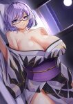  1girl bare_shoulders black_kimono breasts cleavage collarbone cowboy_shot digimon digimon_card_game digimon_world_re:digitize full_moon glasses highres hisuikouha huge_breasts japanese_clothes kimono looking_at_viewer lying mikagura_mirei moon night off_shoulder on_back on_bed purple_eyes purple_hair semi-rimless_eyewear short_hair smile solo under-rim_eyewear white_kimono yukata 