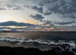  beach blue_sky cloud cloudy_sky highres hisachan55cute mountainous_horizon no_humans original pixel_art rock scenery shore sky sunrise surf waves 
