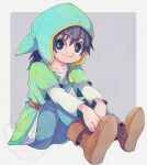  1boy 29qmatatavi aqua_pants belt black_eyes black_hair boots border brown_belt brown_boots collarbone dragon_quest dragon_quest_vii green_hat green_jacket grey_background hat hat_flaps hero_(dq7) highres jacket long_hair long_sleeves looking_to_the_side male_focus pants sitting smile solo tunic white_border white_tunic 
