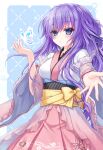  1girl blue_background blue_butterfly blue_eyes blush border bow bug butterfly cherry_blossom_print commentary_request cosplay cowboy_shot floating_hair floral_print floral_print_skirt frilled_kimono frilled_sleeves frills gensou_roukaku glowing_butterfly hair_between_eyes hand_up highres japanese_clothes kimono long_hair long_sleeves looking_at_viewer nontraditional_miko open_mouth outside_border outstretched_hand pink_skirt print_skirt purple_hair reaching reaching_towards_viewer simple_background skirt solo sorakado_ai sorakado_ao sorakado_ao_(cosplay) summer_pockets very_long_hair white_border white_kimono wide_sleeves yellow_bow 