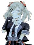  1girl :p black_gloves black_jacket black_necktie blush ceras_yanagida_lilienfeld closed_mouth collarbone collared_shirt commentary cone_hair_bun double_bun elbow_gloves fingerless_gloves gloves grey_hair hair_bun hair_ornament highres i_do_me!_(love_live!) jacket link!_like!_love_live! looking_at_viewer love_live! necktie official_alternate_costume open_clothes open_collar open_jacket panda_no_gohan shirt short-sleeved_jacket short_sleeves simple_background smile solo tongue tongue_out twintails upper_body virtual_youtuber white_background white_shirt x_hair_ornament 