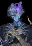  1boy black_background black_cloak black_eyes blue_fire blue_string cloak closed_mouth cracked_skin empty_eyes english_commentary expressionless finger_claws fire flame_reaver_of_the_deepest_dark glowing grey_hair hair_between_eyes head_tilt highres honkai:_star_rail honkai_(series) looking_down m_min_tt messy_hair no_pupils phainon_(honkai:_star_rail) purple_fire scar scar_on_face self-harm short_hair simple_background solo spoilers standing string upper_body 