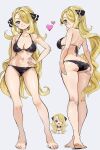 1girl alternate_breast_size ass bare_shoulders bikini black_bikini blonde_hair blush breasts cleavage closed_mouth cynthia_(pokemon) grey_eyes hair_ornament hair_over_one_eye highres large_breasts long_hair looking_at_viewer navel pokemon pokemon_dppt simple_background smile solo stomach sukoyaka_tsukasa swimsuit very_long_hair 