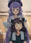  2girls :d ahoge black_shirt blue_hair blush closed_eyes commentary_request curtains eel_hat glasses gradient_hair hair_dryer hair_ornament hairclip hat headgear highres holding indoors lamb_(hitsujiniku) long_hair low_twintails multicolored_hair multiple_girls otomachi_una pink_hair purple_hair purple_hat red-framed_eyewear semi-rimless_eyewear shirt short_sleeves sitting smile standing talkex touhoku_kiritan twintails under-rim_eyewear very_long_hair voiceroid 