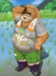 2025 absurd_res anthro bear belly bodily_fluids bottomwear brown_body brown_fur clothing eyewear farming fur glasses hat headgear headwear hi_res humanoid_hands kemono lifewonders male mammal moobs overweight overweight_male pants solo straw_hat sweat tokyo_afterschool_summoners towel towel_around_neck volos_(tas) water yaki_atsuage