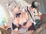  1girl :d apron aqua_eyes book book_stack bottle breasts chair cleavage crossed_bangs desk detached_collar detached_sleeves grey_hair hair_between_eyes highres holding holding_microphone indoors kibii_mocha large_breasts light_rays long_hair looking_at_viewer lubrication maid maid_apron maid_headdress microphone navel on_desk open_mouth original outstretched_arm sidelocks sitting smile solo sunbeam sunlight teeth thighhighs upper_teeth_only white_thighhighs wide_sleeves window wooden_floor 