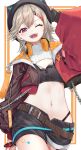  1girl animal_hat belt black_gloves black_hat black_shorts blonde_hair brown_belt cat_hat commentary_request cropped_jacket facial_mark fingerless_gloves gloves hair_ornament hairclip hat headphones headphones_around_neck highres jacket komori_met komori_met_(5th_costume) looking_at_viewer navel one_eye_closed open_clothes open_jacket open_mouth orange_eyes shorts solo teeth upper_teeth_only virtual_youtuber vspo! yu_sa1126 