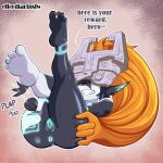 andromorph anus armor big_butt biped blue_anus blue_markings blue_nipples blue_vulva blush breasts butt elferdiart feet female genitals grey_body grey_skin hair headgear helmet hi_res humanoid imp intersex looking_at_viewer markings midna nintendo nipples nude orange_hair plap red_eyes seductive solo text the_legend_of_zelda twili twilight_princess vulva