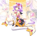  1girl absurdres azarin_(kouyoku_senki_exs-tia) bare_shoulders between_legs black_gloves boots breasts cleavage clothing_cutout elbow_gloves exs-tia_magica full_body gem gloves hair_intakes hand_between_legs highres inoino kouyoku_senki_exs-tia large_breasts long_hair looking_at_viewer magical_girl procreate_(medium) purple_hair scarf sitting skirt smile solo thigh_boots thighhighs very_long_hair wariza white_gloves white_thighhighs yellow_eyes zoom_layer 