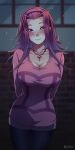  1girl arms_behind_back artist_name black_pantyhose blush breasts brown_eyes closed_mouth collarbone covered_navel cowboy_shot eyes_visible_through_hair hairband highres indoors izayoi_aki jewelry large_breasts long_hair long_sleeves looking_at_viewer mibry_(phrysm) necklace night nose_blush pantyhose pantyhose_under_shorts parted_bangs pink_hair pink_hairband pink_shirt revision shirt shorts solo yu-gi-oh! yu-gi-oh!_5d&#039;s 
