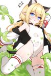  1girl absurdres animal_ears arm_up armband ass_visible_through_thighs bare_shoulders black_choker blonde_hair blue_eyes breasts cameltoe cat_ears cat_tail choker commentary_request commission covered_navel extra_ears highleg highleg_one-piece_swimsuit highres jacket korean_commentary long_hair looking_at_viewer low_twintails oc_(atj7359) off_shoulder one-piece_swimsuit open_clothes open_jacket open_mouth original pointy_ears rladnr6 second-party_source simple_background slime_(substance) small_breasts solo swimsuit tail thighhighs thighs torn_clothes torn_swimsuit torn_thighhighs twintails white_background white_one-piece_swimsuit white_thighhighs 