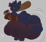 anthro big_breasts big_butt black_body black_fur bottomwear breasts butt clothing crouching domestic_cat emanata felid feline felis female fur grey_background heart_symbol hi_res holding_baseball_bat huge_butt hyper hyper_butt mae_borowski mammal night_in_the_woods onomatopoeia pants red_eyes simple_background solo sound_effects tail text thick_thighs torn_bottomwear torn_clothing torn_pants wide_hips zombvie00