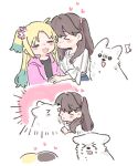 &gt;_&lt; 2girls :d =_= basil_(wgh0anzdple3asf) black_shirt blonde_hair blue_hair brown_hair closed_eyes colored_tips commentary_request crying dog fang flower fujishima_megumi fujishima_megumi_(summer_casual) german_shepherd hair_flower hair_ornament harino_(love_live!) heart highres hood hooded_jacket jacket korean_commentary link!_like!_love_live! long_sleeves looking_at_another love_live! mira-cra_park! multicolored_hair multiple_girls official_alternate_costume open_clothes open_jacket open_mouth osawa_rurino pink_flower puckered_lips shirt skin_fang smile twintails two_side_up virtual_youtuber white_dog yuri 