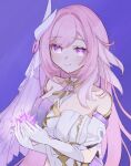  1girl bare_shoulders breasts cleavage commentary_request corset crystal crystal_flower diamond-shaped_pupils diamond_(shape) elysia_(herrscher_of_human:_ego)_(honkai_impact) elysia_(honkai_impact) gloves highres holding holding_crystal honkai_(series) honkai_impact_3rd large_breasts long_hair pink_hair purple_background purple_eyes revision smile solo sutera_pasuta symbol-shaped_pupils upper_body veil very_long_hair white_corset white_gloves white_veil 