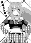  1girl :d absurdres animal_ears asymmetrical_sidelocks bandaid bandaid_on_face bandaid_on_nose bare_shoulders belt blush character_name commentary cropped_shirt fangs fishnet_top fishnets greyscale grid_background hair_ornament hairclip halterneck hands_on_own_hips highres kimurasenpai leaf linea_alba looking_at_viewer midriff monochrome navel off-shoulder_shirt off_shoulder owozu plaid_arm_warmers plaid_clothes plaid_skirt pleated_skirt raccoon_ears raccoon_tail rakkun_sutaru rakkun_sutaru_(3rd_costume) shirt short_hair skirt smile spanish_commentary stomach straight-on striped_tail tail twitter_username unmoving_pattern virtual_youtuber wallet_chain 
