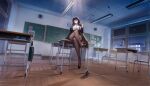  1girl absurdres artist_request azuma_(azur_lane) azuma_(career_counseling_for_the_groom)_(azur_lane) azur_lane black_hair black_shoes black_skirt blush bouncing_breasts breasts bursting_breasts classroom clock collared_shirt come_hither crossed_legs desk dress_shirt flower hair_flaps hair_flower hair_intakes hair_ornament hairclip high-waist_skirt highres index_fingers_together indoors jacket long_hair long_sleeves looking_at_viewer neck_ribbon no_shoes non-web_source official_alternate_costume official_art on_desk panties panties_under_pantyhose pantyhose ribbon school_desk shirt shoes single_shoe sitting skirt spread_legs underwear very_long_hair white_flower white_ribbon white_shirt 